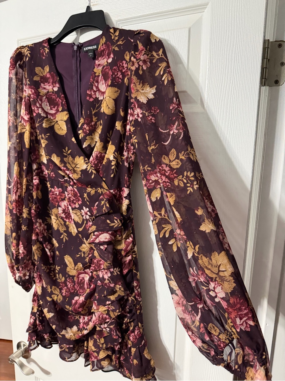 Express Burgundy Floral Wrap-Style/Gathered Mini Dress - Picture 8 of 16